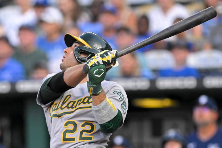 Oakland Athletics' Ramon Laureano hits a foul ball against the Kansas City Royals during the fi ...