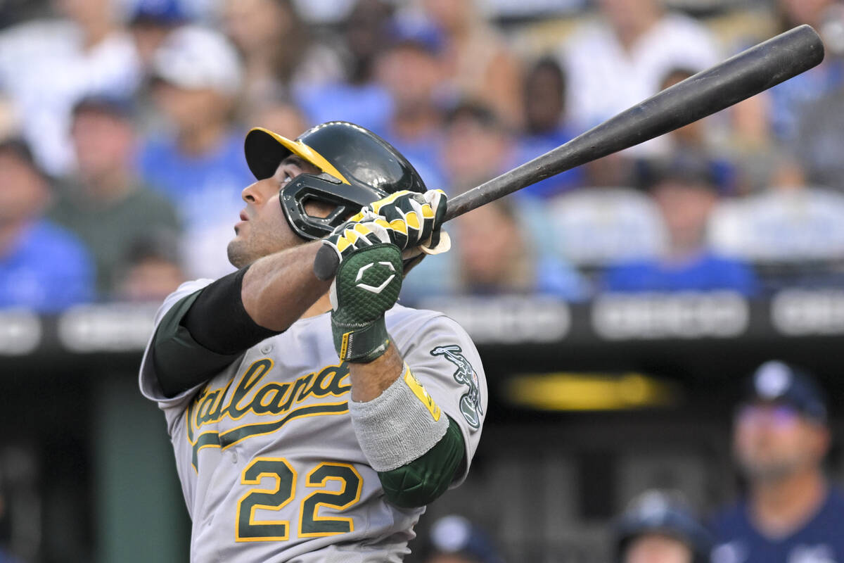 Oakland Athletics' Ramon Laureano hits a foul ball against the Kansas City Royals during the fi ...