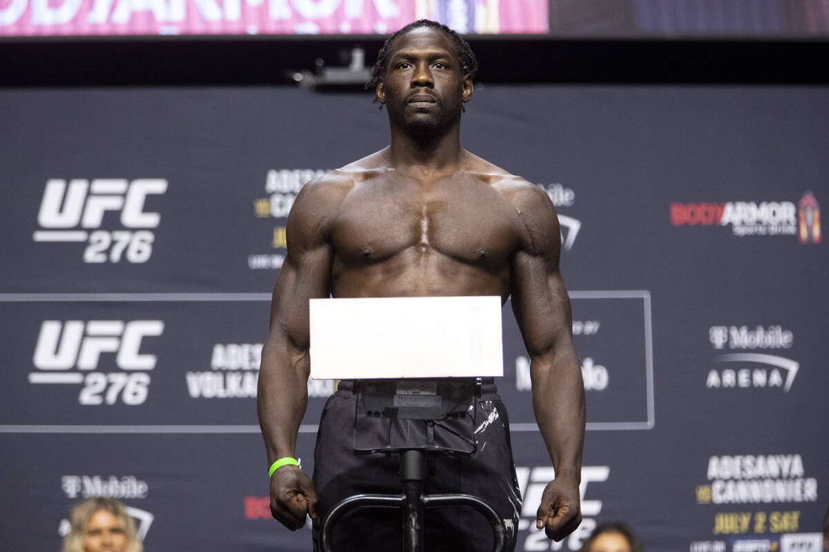 Jared Cannonier poses during an UFC 276 weigh-in event at T-Mobile Arena in Las Vegas, Friday, ...