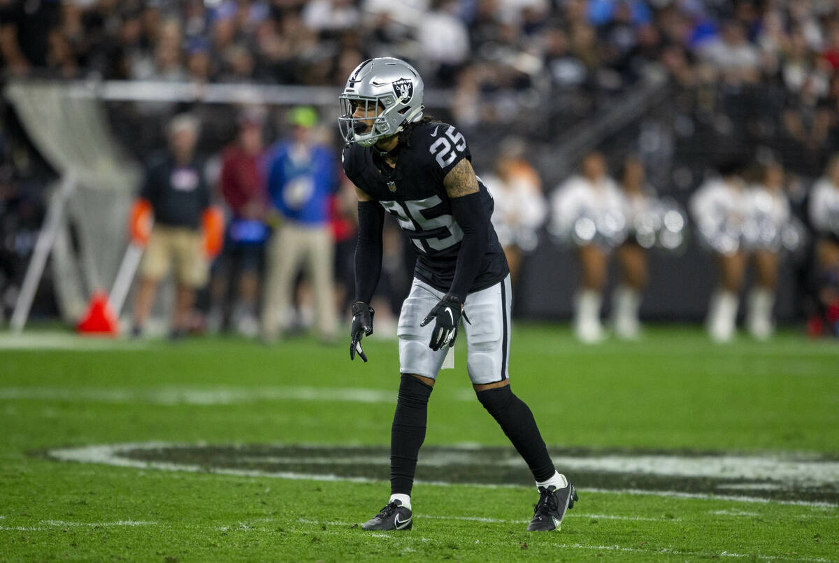 Raiders free safety Trevon Moehrig (25) gets in position during the second half of an NFL footb ...