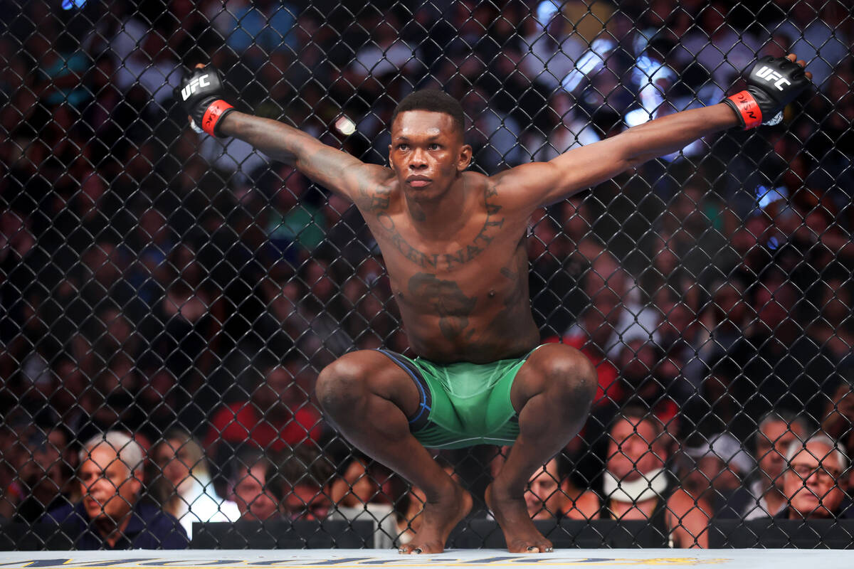 Israel Adesanya gets ready to start the first round of a middleweight fight against Jared Canno ...