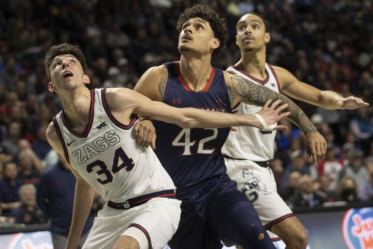 Gonzaga Bulldogs center Chet Holmgren (34) boxes out St. Mary's Gaels forward Dan Fotu (42) in ...