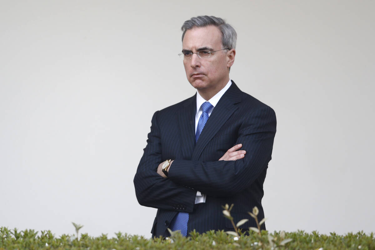 FILE - White House counsel Pat Cipollone listens as President Donald Trump speaks during a coro ...