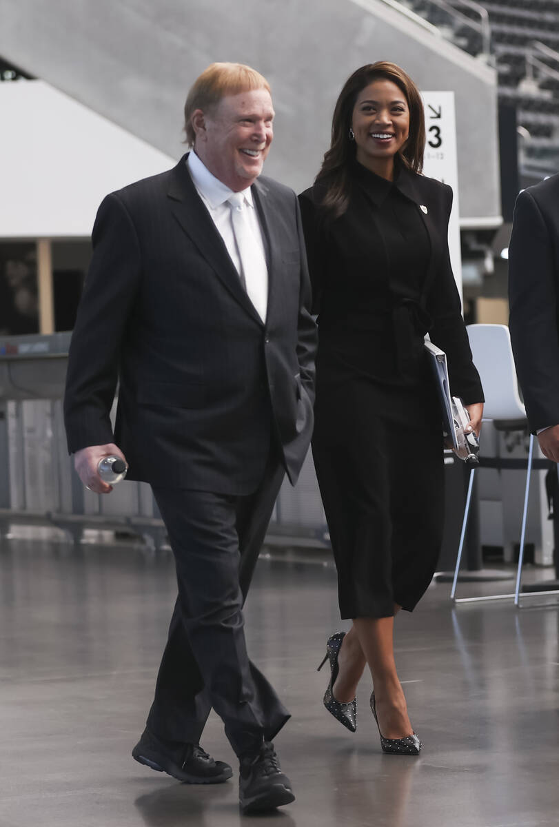 Raiders owner Mark Davis arrives with Sandra Douglass Morgan to announce her as the new preside ...