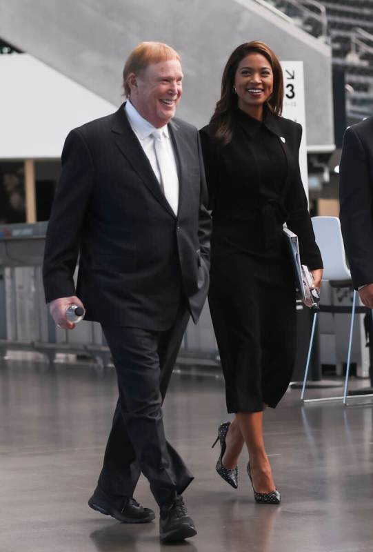 Raiders owner Mark Davis arrives with Sandra Douglass Morgan to announce her as the new preside ...