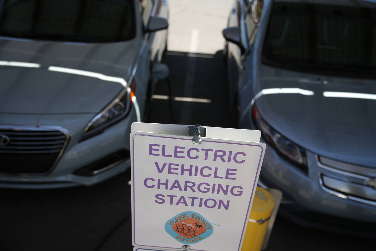 An electric vehicle charging station outside of the Clark County Government Center in Las Vegas ...