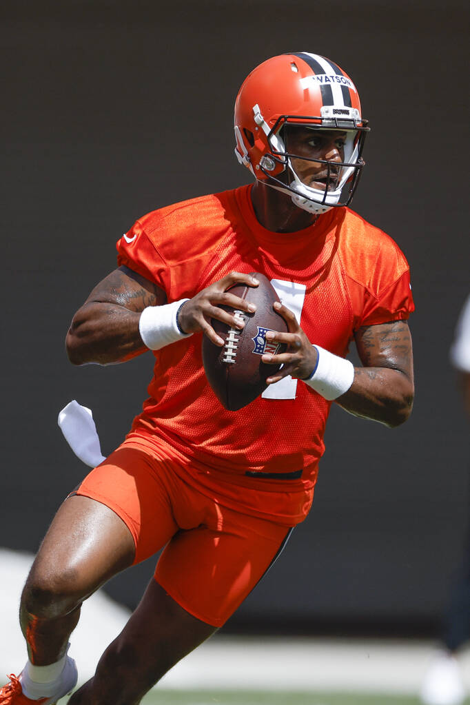 Cleveland Browns quarterback Deshaun Watson takes part in drills during an NFL football practic ...