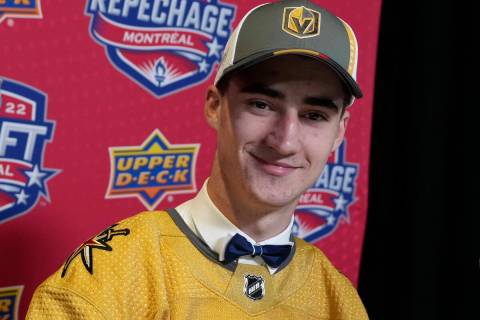 Las Vegas Knights hockey team 48th pick Matyas Sapovaliv, speaks to the media during the second ...