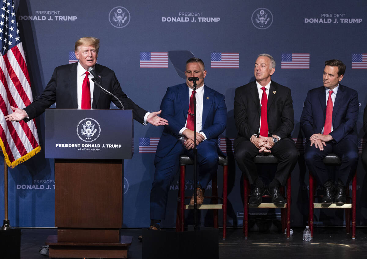 Former President Donald Trump speaks as he campaigns for former Nevada Attorney General Adam La ...