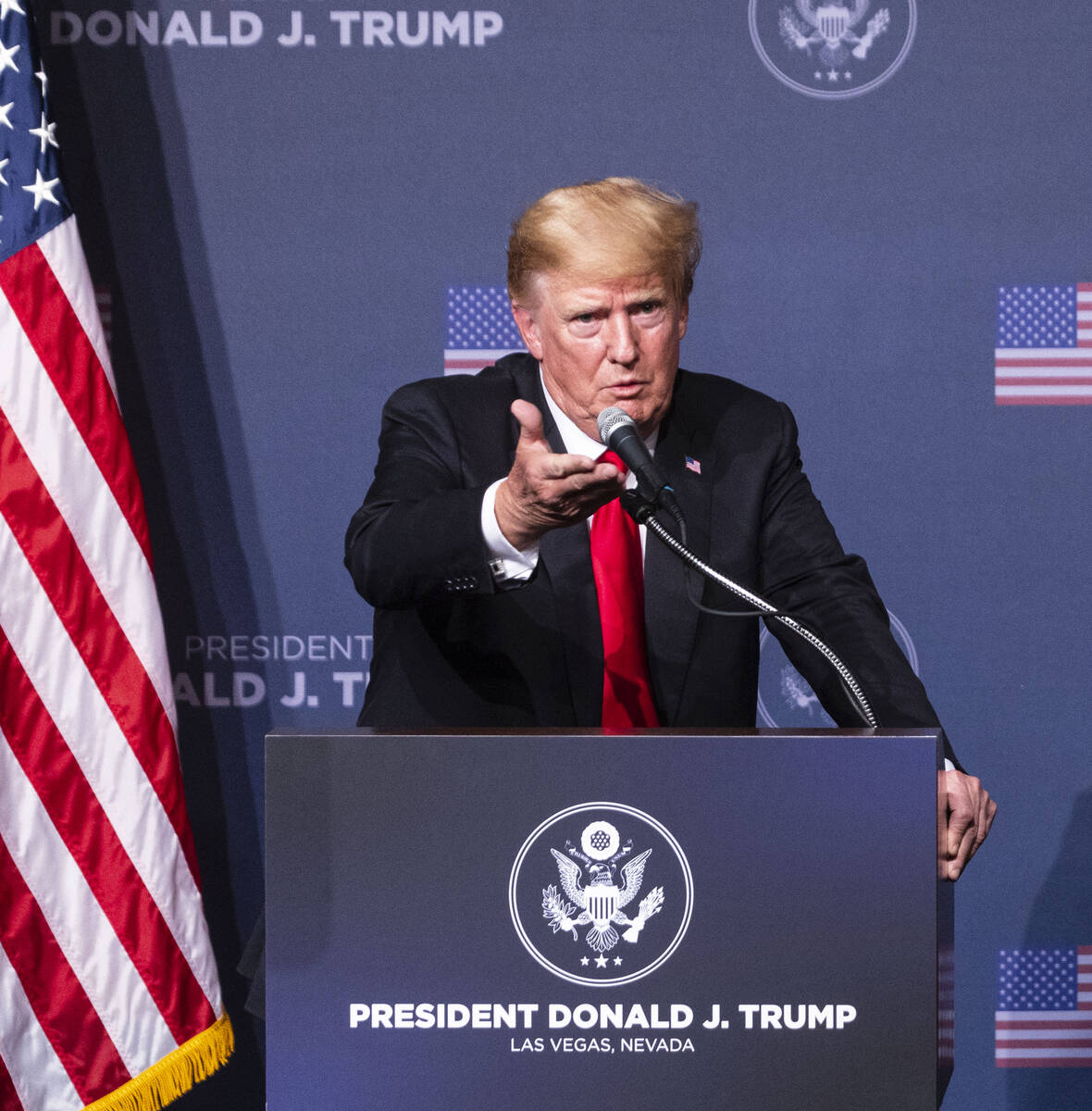 Former President Donald Trump speaks as he campaigns for former Nevada Attorney General Adam La ...