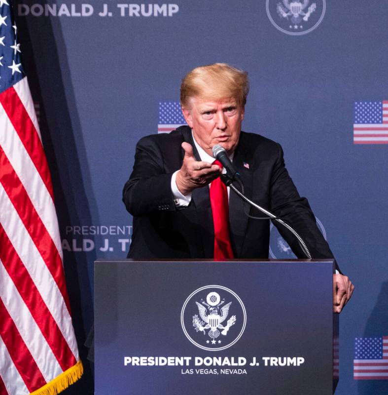 Former President Donald Trump speaks as he campaigns for former Nevada Attorney General Adam La ...