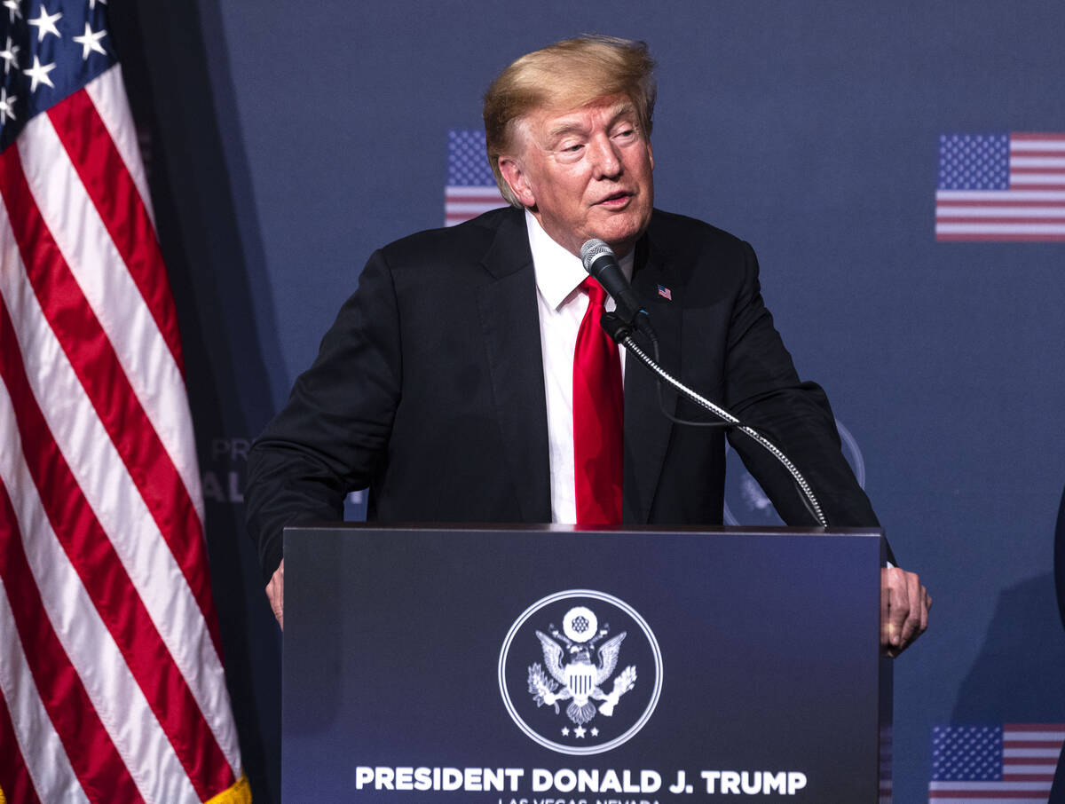 Former President Donald Trump speaks as he campaigns for former Nevada Attorney General Adam La ...