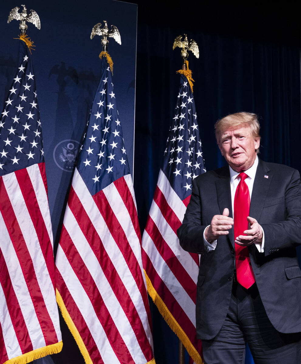 Former President Donald Trump takes the podium to campaign for former Nevada Attorney General A ...