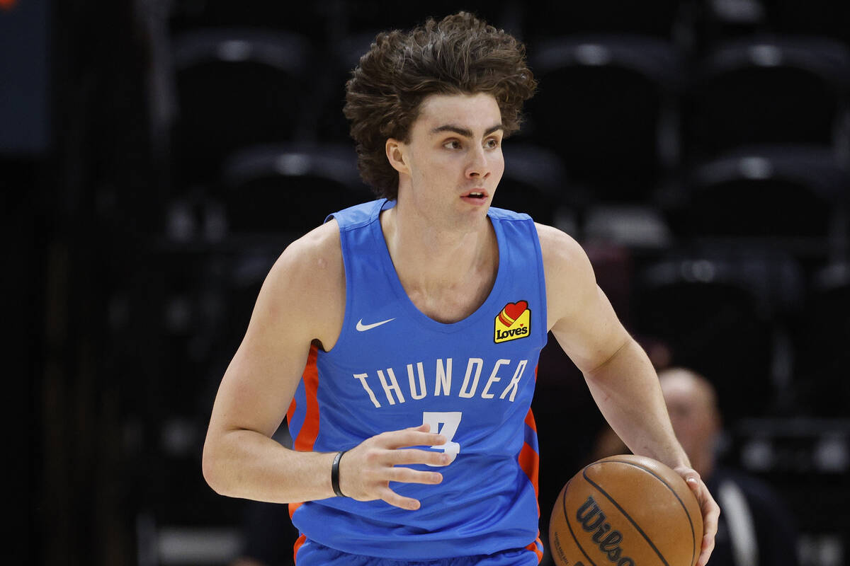 Oklahoma City Thunder guard Josh Giddey (3) runs the court against the Philadelphia 76ers durin ...