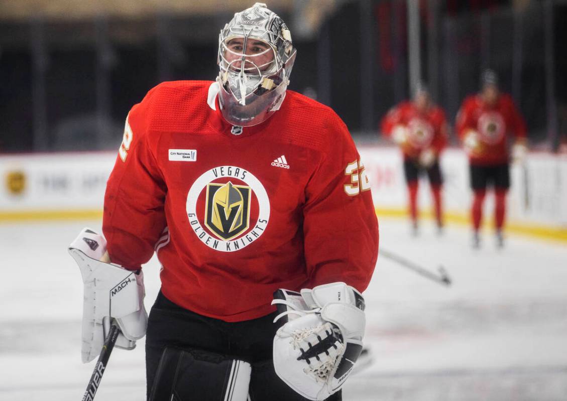 Golden Knights Jesper Vikman (32) takes part in development camp at City National Arena on Mond ...