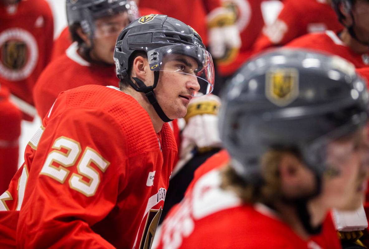 Golden Knights Matyas Sapovaliv (25) takes part in development camp at City National Arena on M ...