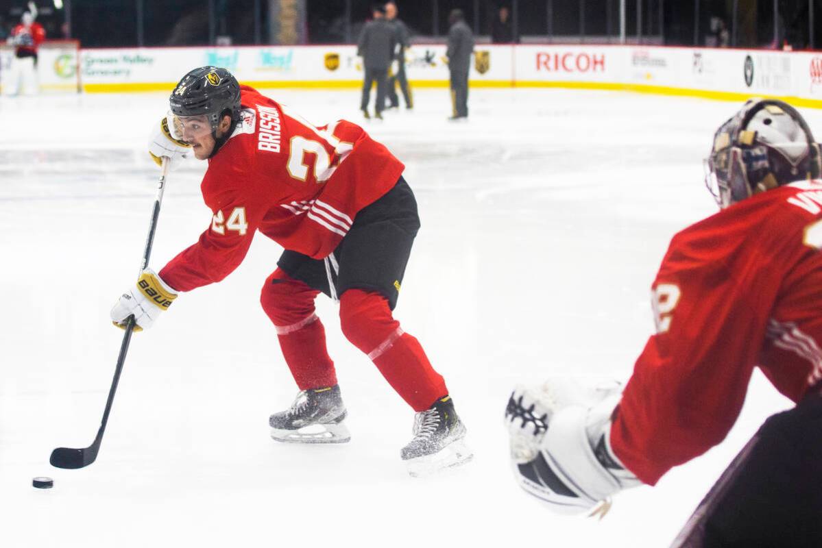 Golden Knights Brendan Brisson (24) takes part in development camp at City National Arena on Mo ...