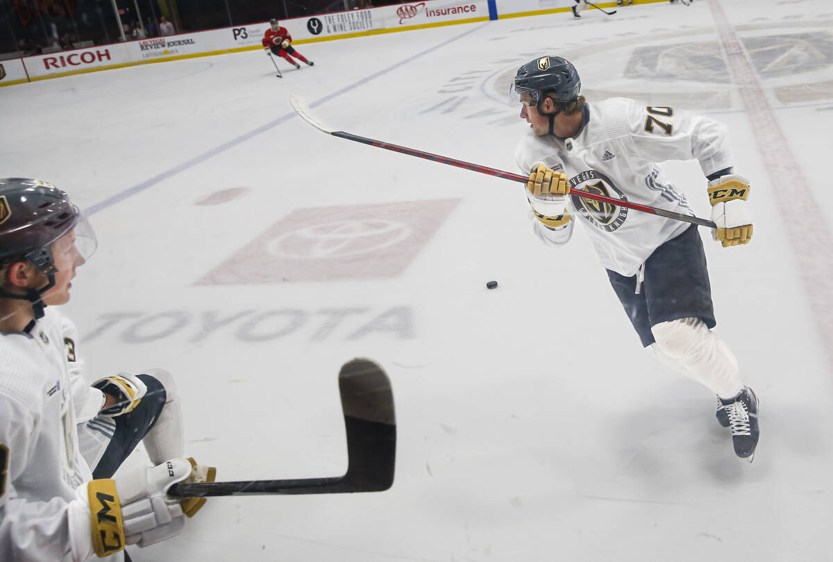 Golden Knights forward Ryder Donovan skates around the puck during development camp at City Nat ...