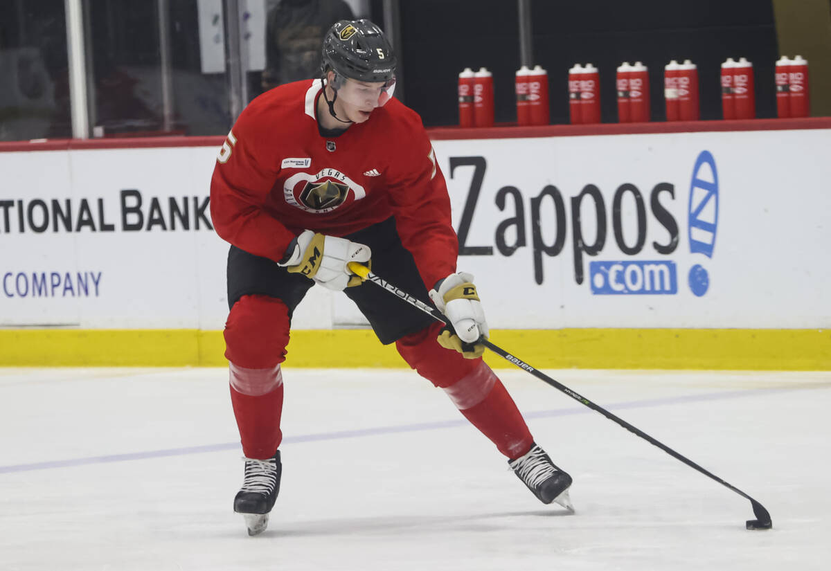 Golden Knights defenseman Daniil Chayka looks to shoot the puck during development camp at City ...