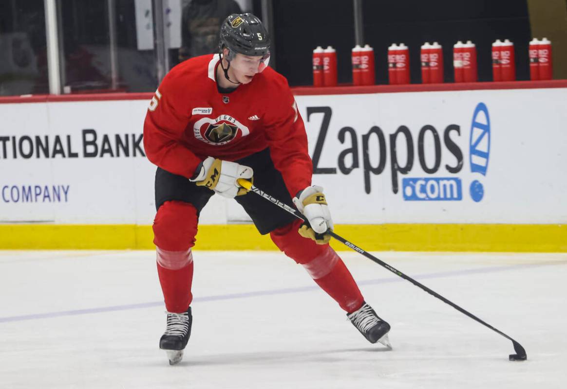 Golden Knights defenseman Daniil Chayka looks to shoot the puck during development camp at City ...