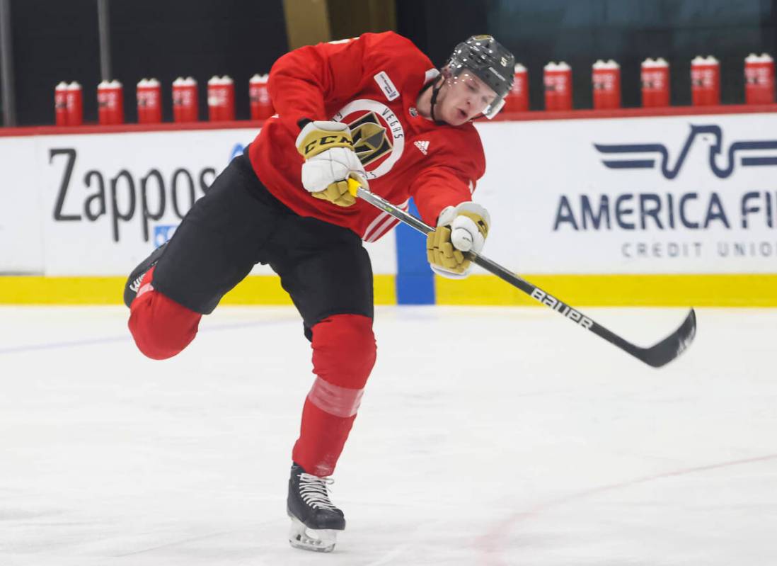 Golden Knights defenseman Daniil Chayka shoots the puck during development camp at City Nationa ...