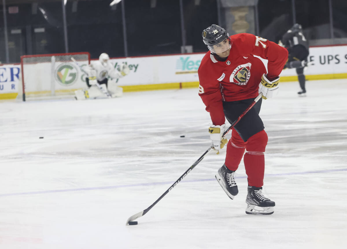 Golden Knights defenseman Luke Krys looks to shoot the puck during development camp at City Nat ...