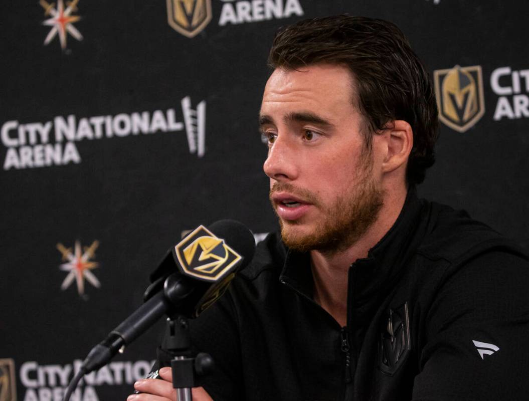 Golden Knights forward Reilly Smith speaks with members of the media at City National Arena on ...