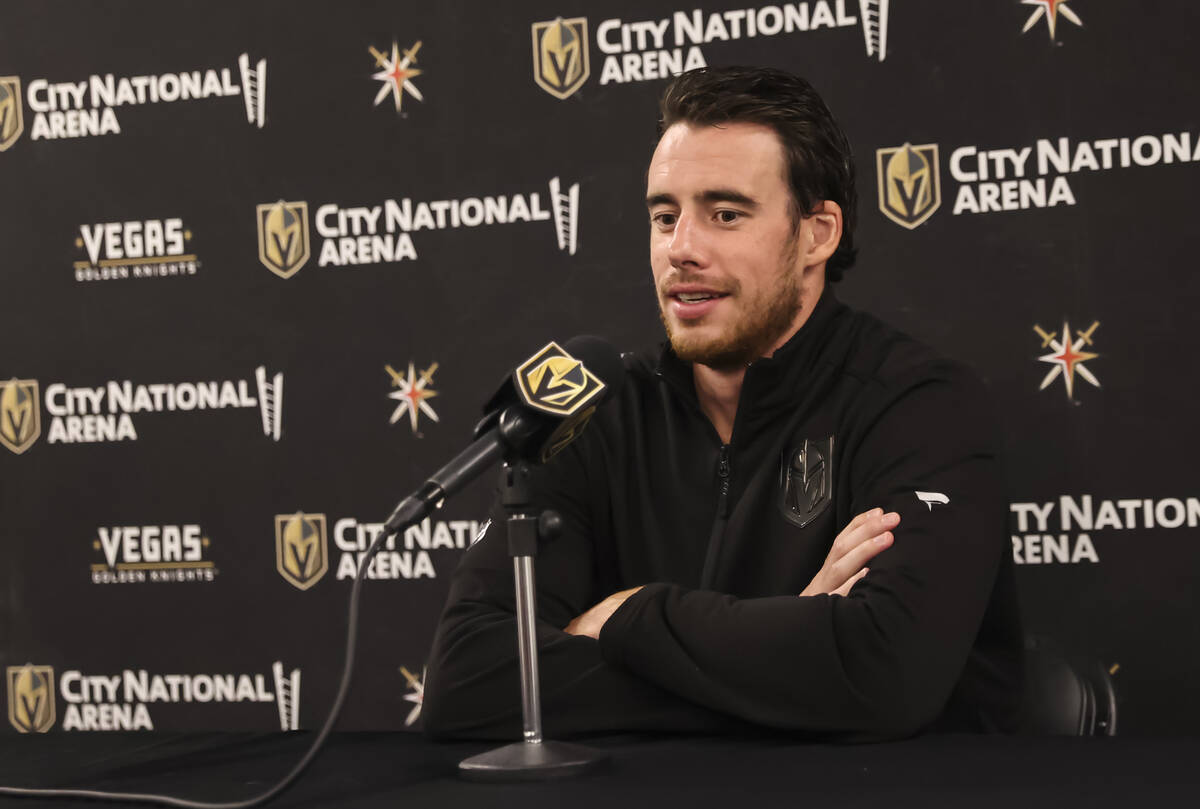 Golden Knights forward Reilly Smith speaks with members of the media at City National Arena on ...