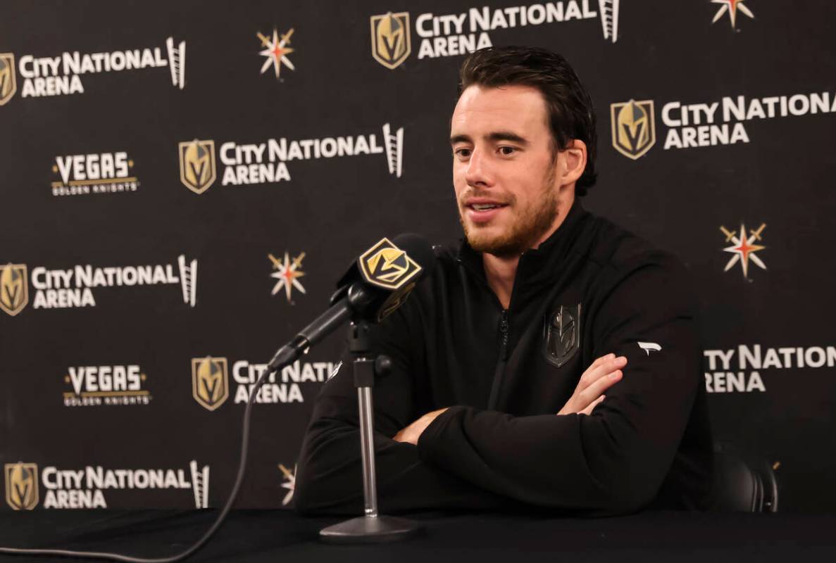 Golden Knights forward Reilly Smith speaks with members of the media at City National Arena on ...