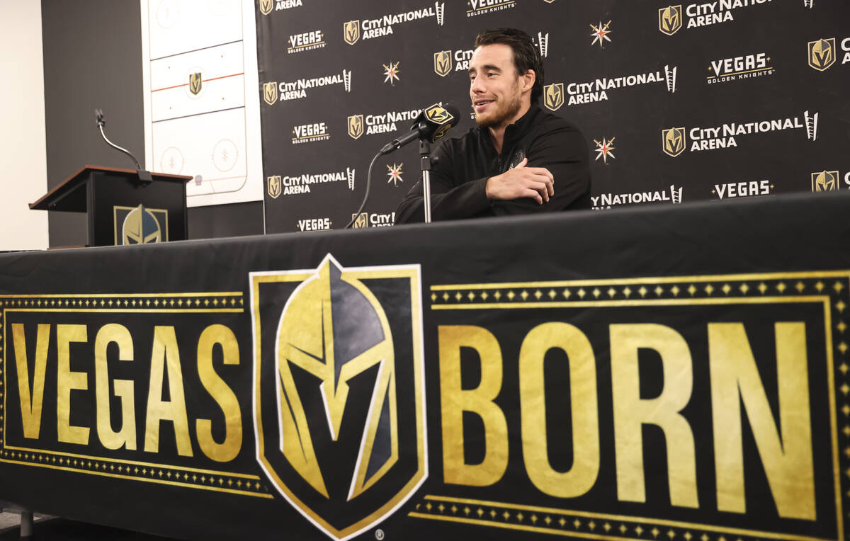 Golden Knights forward Reilly Smith speaks with members of the media at City National Arena on ...