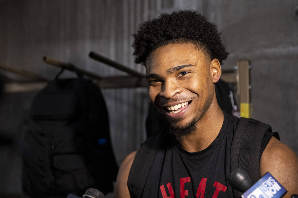 Miami Heat's Bryce Hamilton (53) is interviewed following a NBA Summer League basketball game a ...