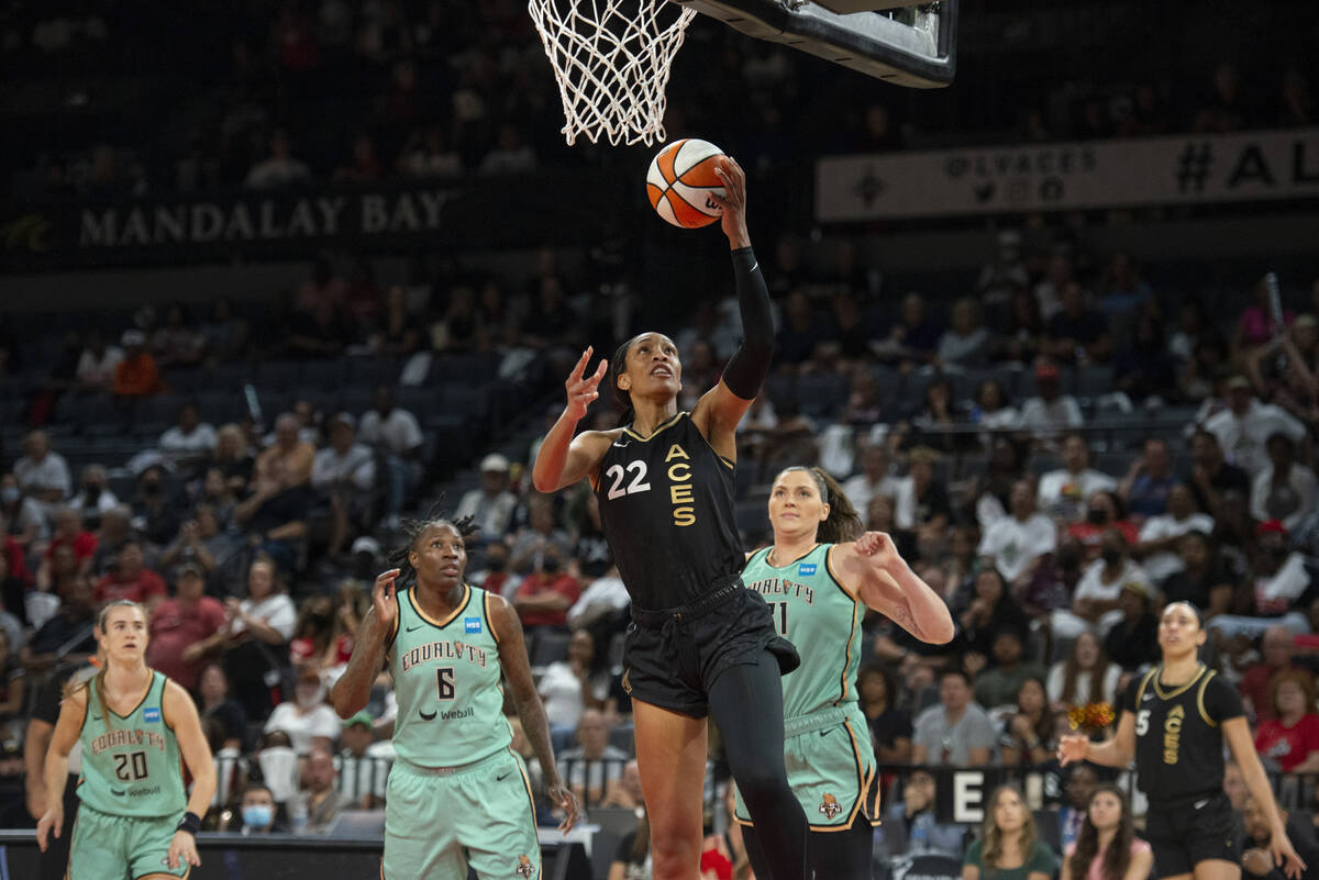 Las Vegas Aces forward A'ja Wilson (22) goes up for a shot against the New York Liberty at Mich ...