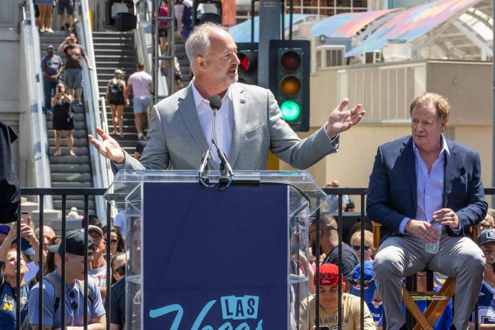 LVCVA President and CEO Steve Hill speaks while joined by NFL Commissioner Roger Goodell, Gover ...