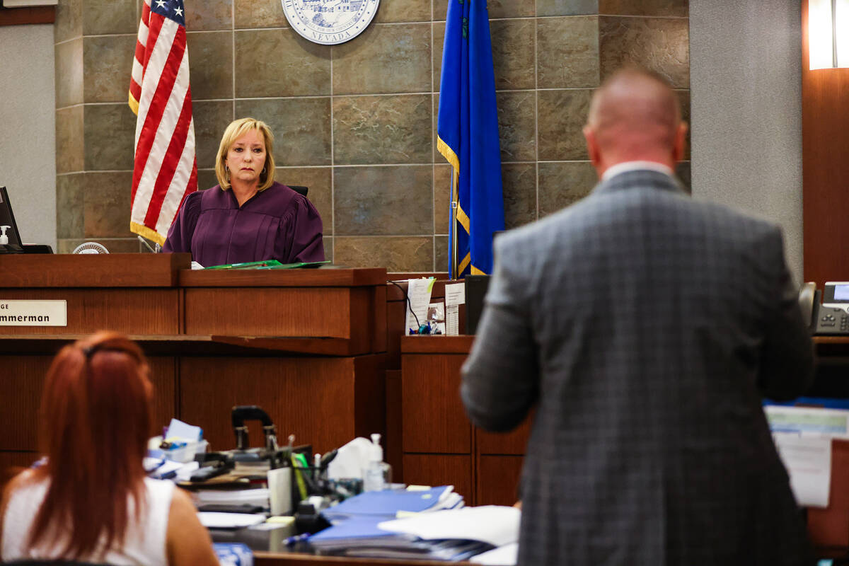 Las Vegas Justice of the Peace Ann Zimmerman listens to prosecutor Eric Bauman during a hearing ...