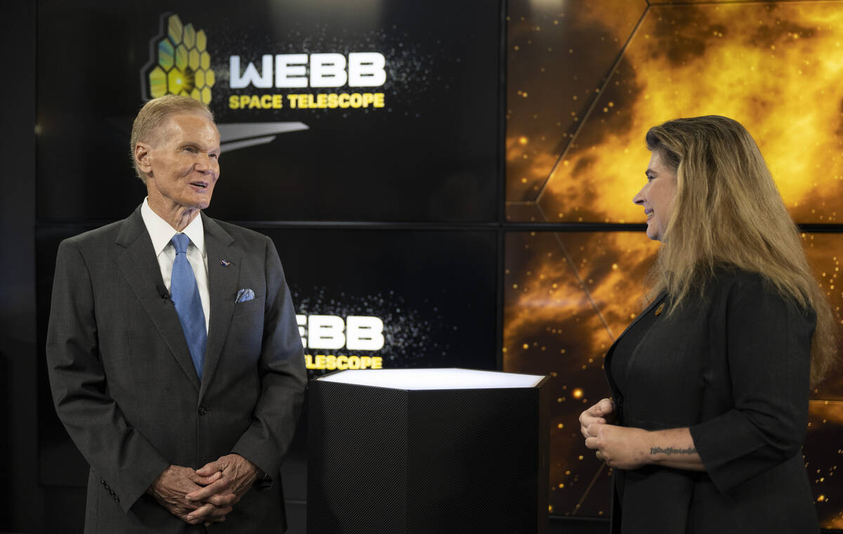 In this image released by NASA, NASA administrator Bill Nelson, left, speaks with assistant dir ...