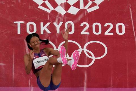 Vashti Cunningham, of United States, competes during the finals of the women's high jump at the ...