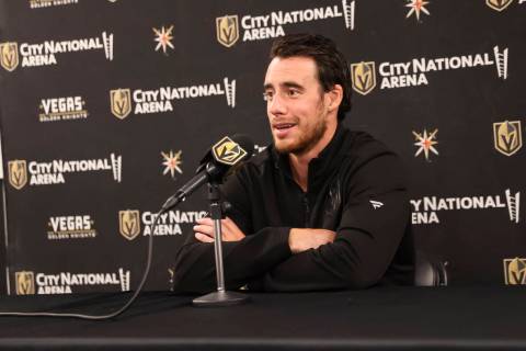 Golden Knights forward Reilly Smith speaks with members of the media at City National Arena on ...
