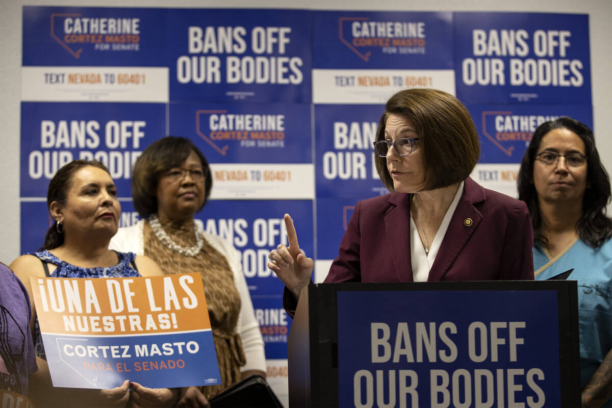 Sen. Catherine Cortez Masto, D-Nev., speaks during a news conference focused on abortion rights ...