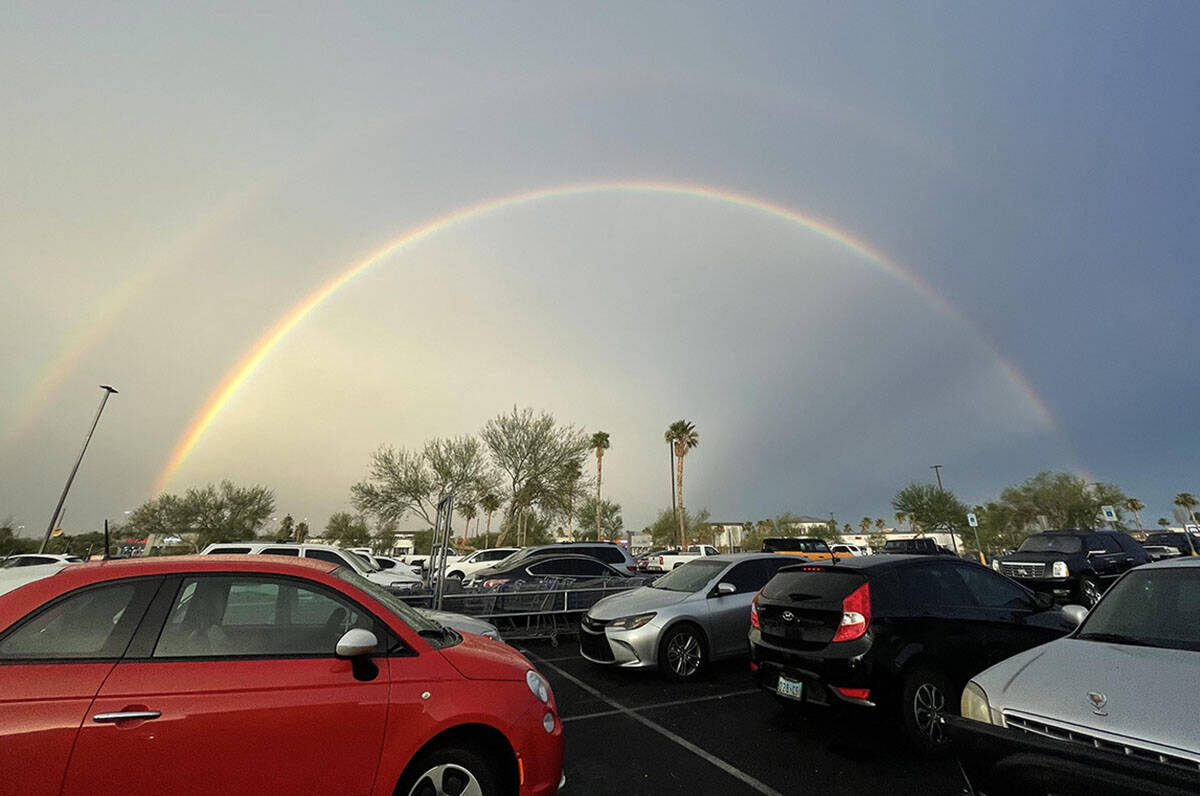 A double rainbow emerges from a thunderstorm in the Centennial area of Las Vegas on Thursday, J ...