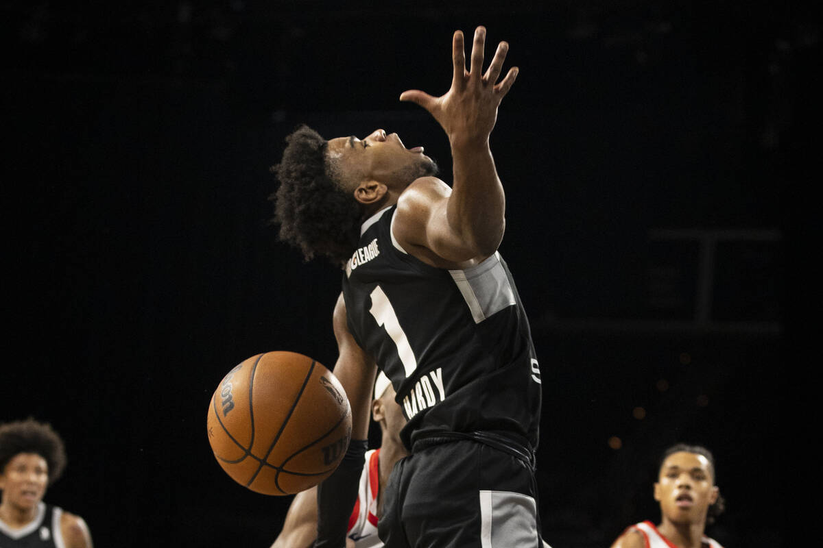 NBA G League Ignite’s Jaden Hardy (1) loses control of the ball as he goes up for a shoo ...