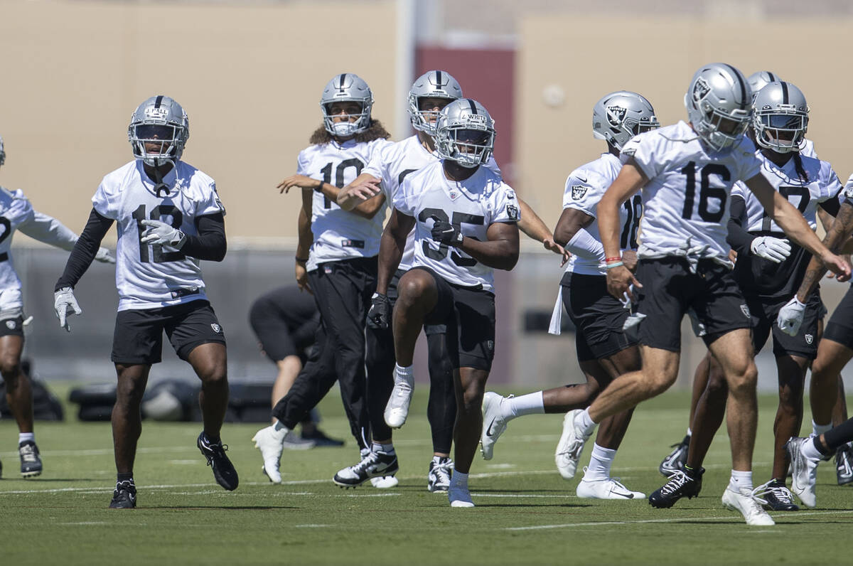 Raiders running back Zamir White (35) warms up during a team practice on Thursday, June 2, 2022 ...