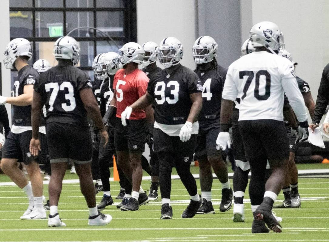 Raiders defensive tackle Neil Farrell, Jr. (93) stretches during the team’s mandatory mi ...