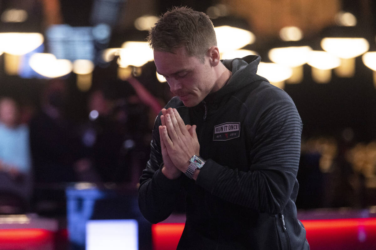 Espen Jorstad reacts after winning in the final table of the main event during the World Series ...