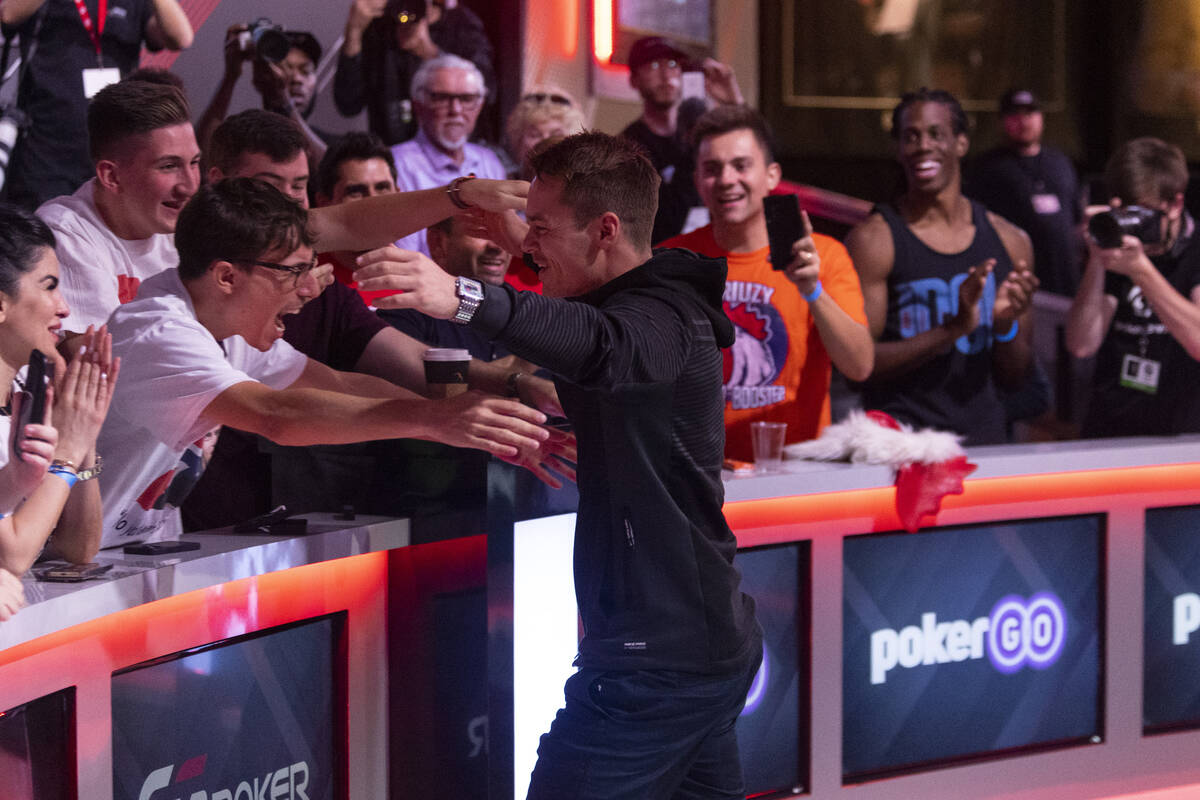 Espen Jorstad reacts after winning in the final table of the main event during the World Series ...