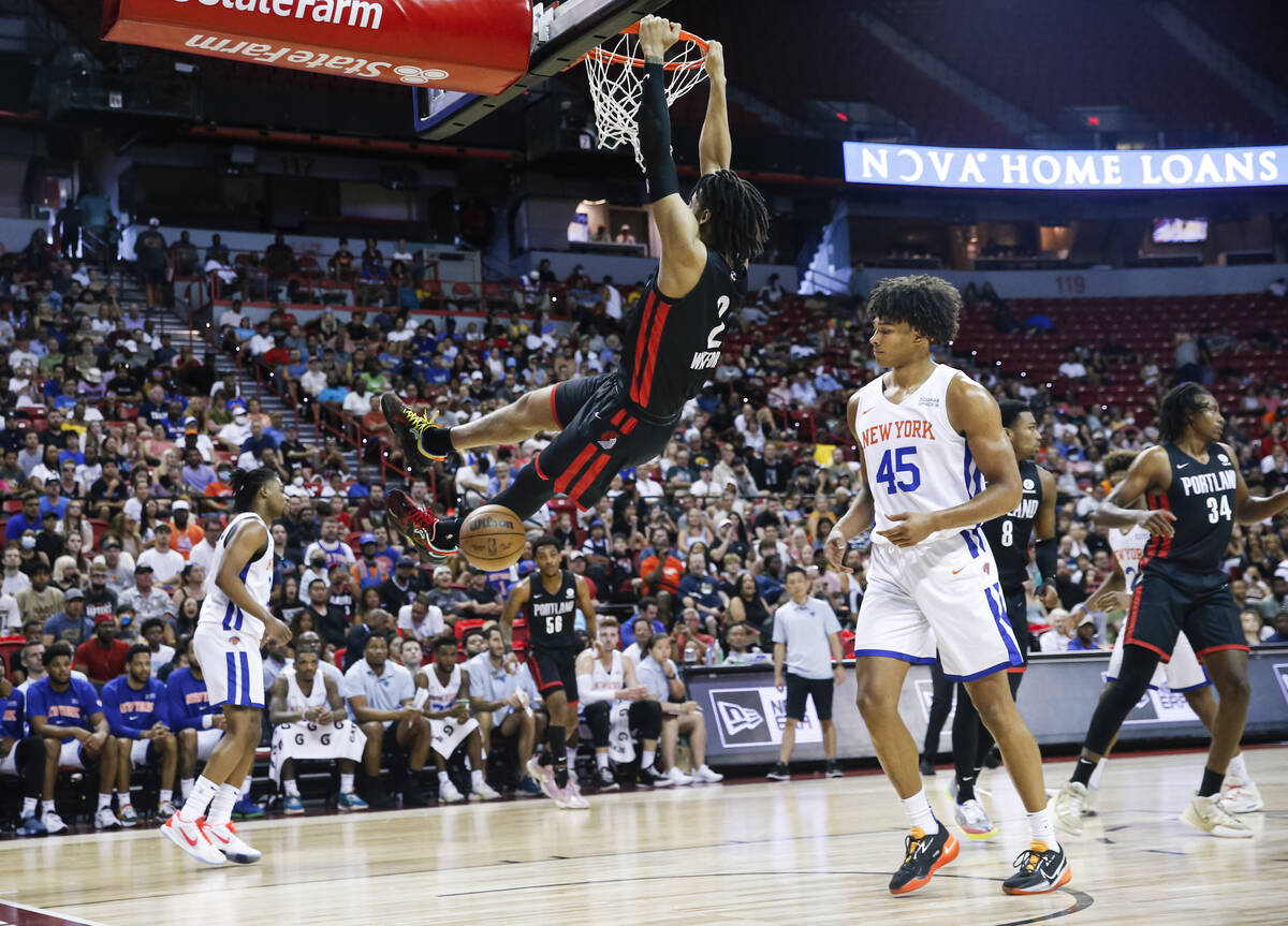 Portland Trail Blazers' Trendon Watford dunks the ball against the New York Knights during the ...
