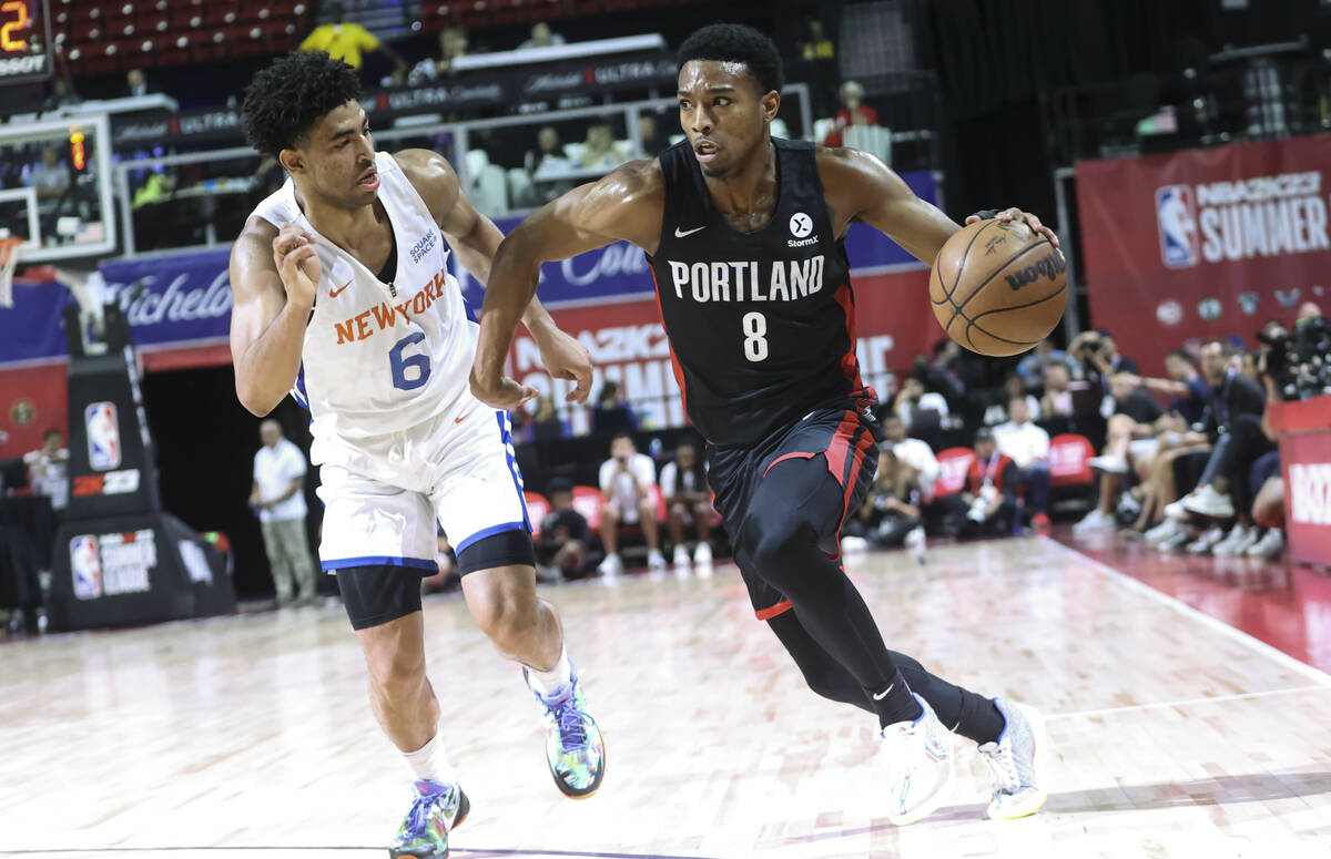 Portland Trail Blazers' Brandon Williams drives the ball against New York Knicks' Quentin Grime ...