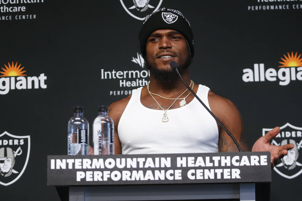 Raiders linebacker Denzel Perryman speaks during a press conference at Raiders Headquarters and ...
