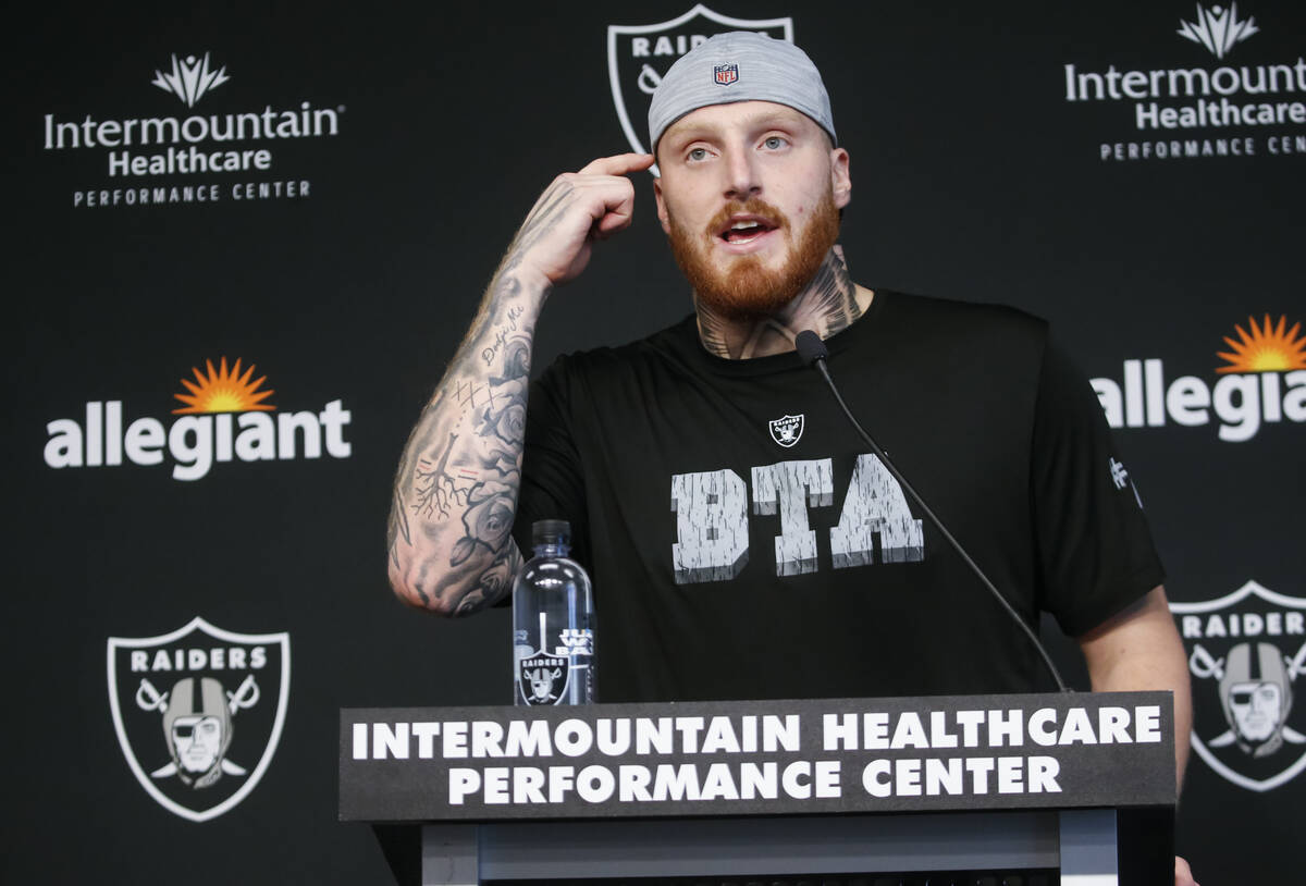 Raiders defensive end Maxx Crosby speaks during a press conference at Raiders Headquarters and ...