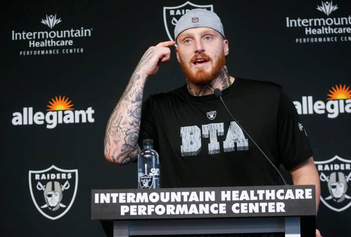 Raiders defensive end Maxx Crosby speaks during a press conference at Raiders Headquarters and ...