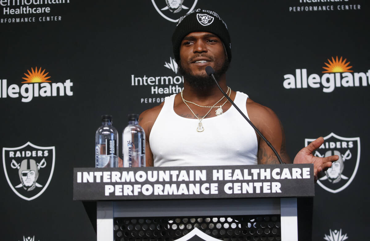 Raiders linebacker Denzel Perryman speaks during a press conference at Raiders Headquarters and ...